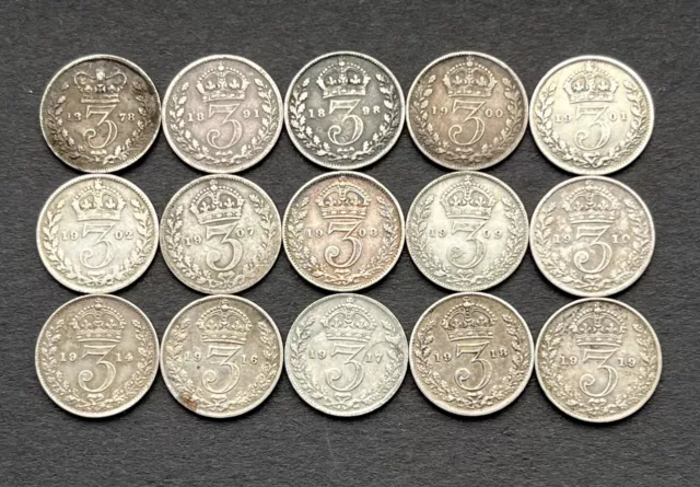 15 x George V / Edward VII / Victoria silver Threepence’s 3d Coins. Pre 1920