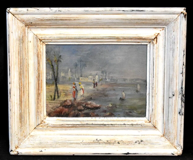 Tableau ancien huile scène de village Orientaliste animée XIXème