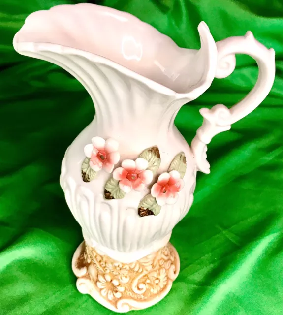 Vintage Pitcher Vase Capodimonte Style Hand Painted Porcelain 3D Sculpted Floral 2