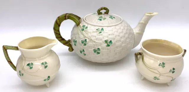 Belleek SHAMROCK teapot-4th mk &IRISH POT shaped creamer/sugar-6th mk midcentury