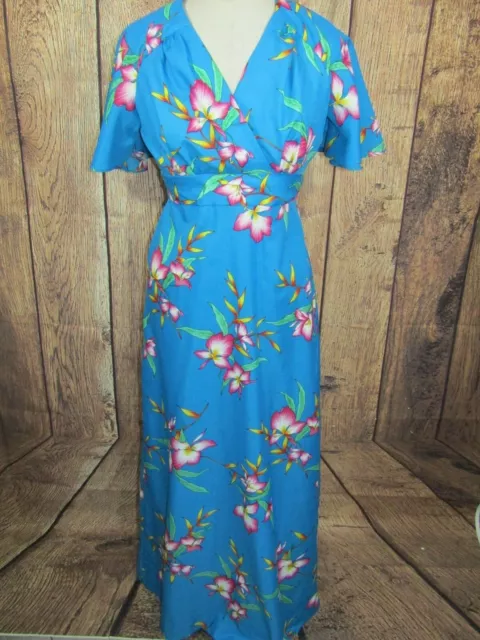 Vtg Royal Hawaiian Polyester Maxi Dress Blue Floral Womens Sz 8 Empire Waist