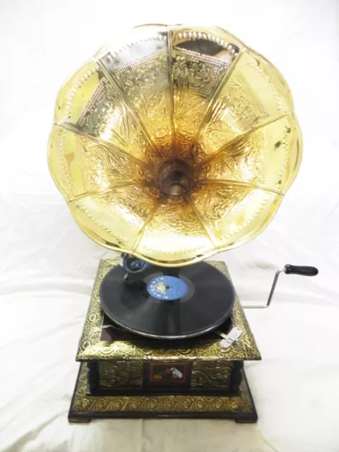 Antique Gramophone Phonograph Crafted Machine With Crafted Brass Horn 2