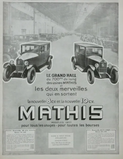 PUBLICITÉ DE PRESSE 1926 AUTOMOBILES 8 CV et 10 CV MATHIS