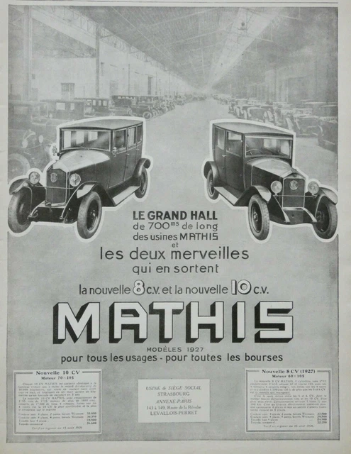 PUBLICITÉ DE PRESSE 1926 AUTOMOBILES 8 CV et 10 CV MATHIS