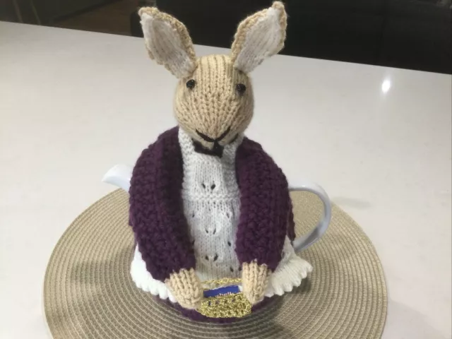 6 Cup Tea Pot Cosy Rabbit & Her Gold Mesh Bag  & Fluffy Tail. Wine Extra Thick