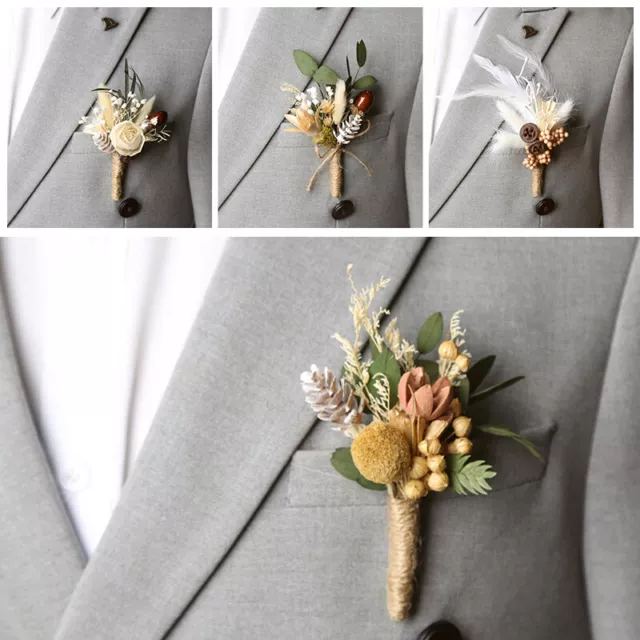 Men's Corsage Buttonhole Brooch Pins Real Dry Flower Wedding Party Bridal Prom