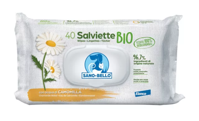 200 Salviette Bio Sano E Bello Con Acqua Di Camomilla Per Cani E Gatti