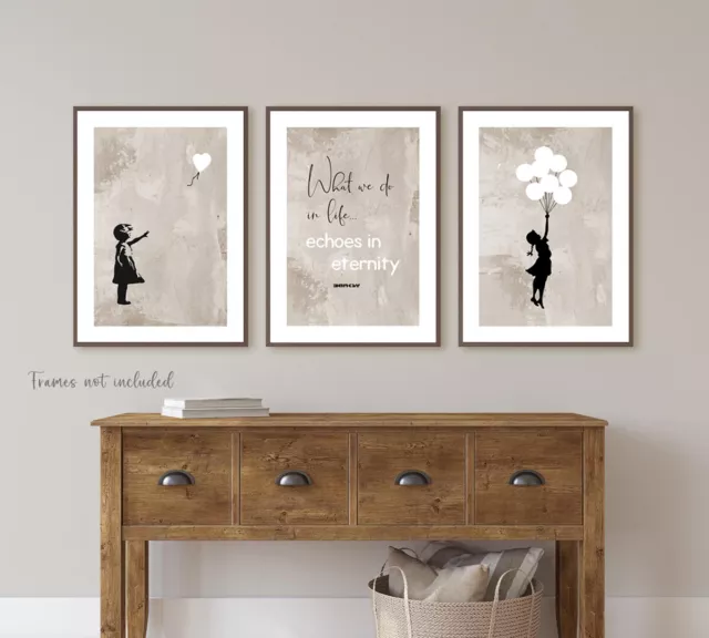 Set of 3 Banksy Wall Art Quote Prints Heart Balloon Girl Pictures Posters Beige