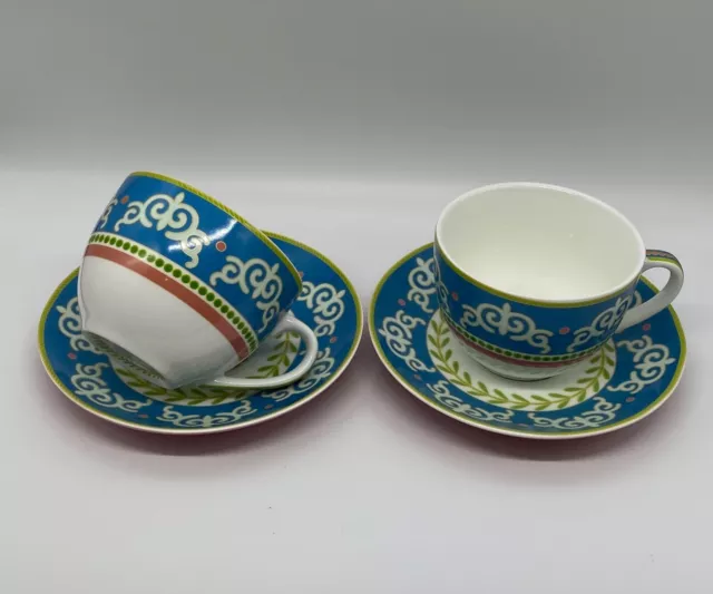 Maxwell And Williams Porcelain Cup & Saucer Sets x 2 -VIVACIOUS - Blue With Pink