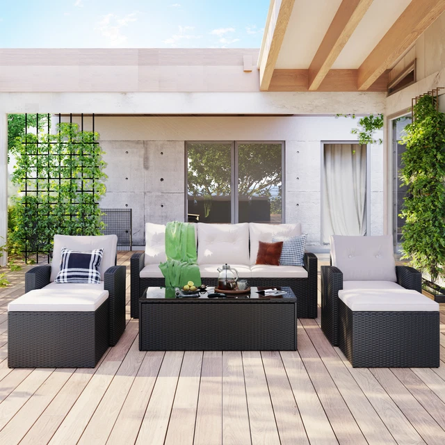 6 PCS Patio Outdoor Sectional Rattan Wicker Sofa Set Dining Table Set W/Ottomans