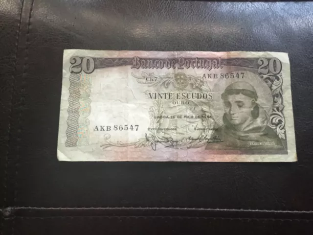 1964 Banco de Portugal Vinte Escudos Ouro Note Portugal 20 Dollar Bill # n 107