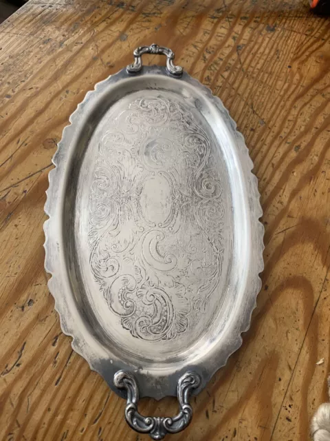 Vintage Silver on Copper 10" Oval Tray Ornate Handles Nice!