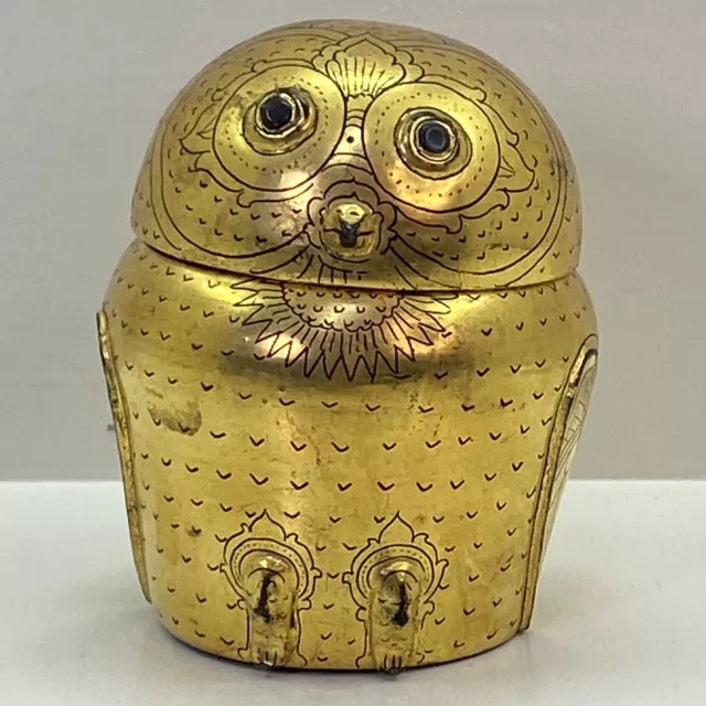 Vintage Burmese Handpainted Black Gold Lacquerware Owl Trinket Box Artistic
