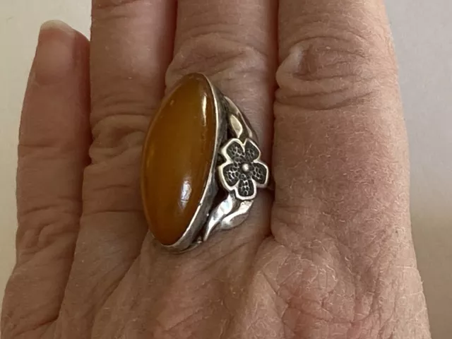 Huge Antique Soviet Russian Ring Silver 875 Amber Floral Size 8.5