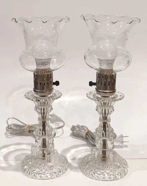 Two Victorian Ruffled Top Crystal Cut Glass, Art Deco Table Lamps, 13"T, Vintage
