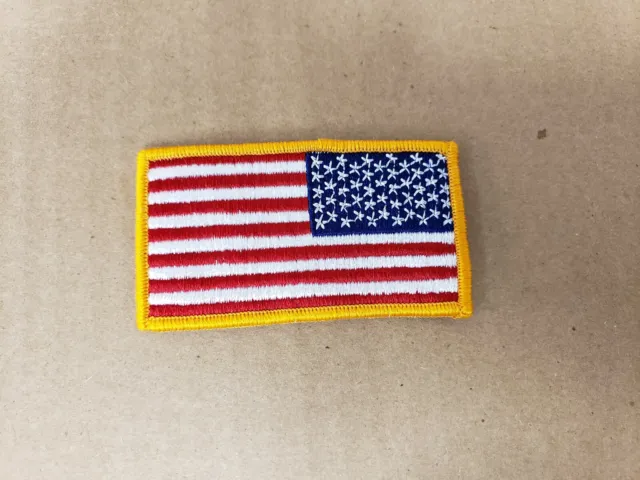 US American Flag Reverse Shoulder Patch Orange Border. MADE IN USA 3 1/4 X 1 7/8