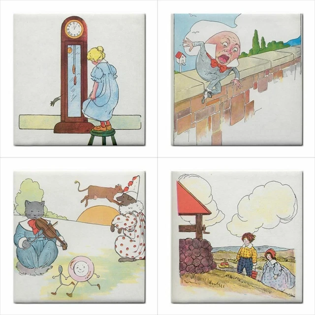 NURSERY RHYME CERAMIC Tiles Set Kids Wall Art Cat Fiddle Humpty Dumpty