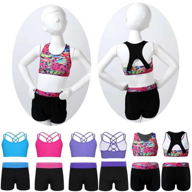 Kids Girls Sports Outfit Gymnastics Crop Top Bra Bottoms Set Dancewear Tracksuit