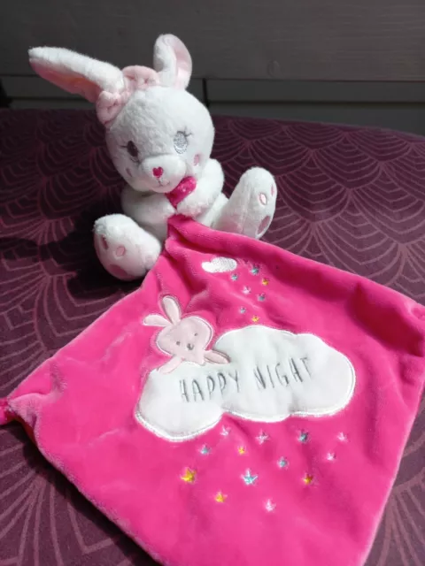 peluche doudou lapin avec mouchoir rose HAPPY NIGHT