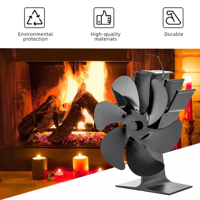 6 Blades Fireplace Fan Heat Self-Powered Wood Stove Top Burner Silent Eco Heater