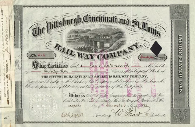 USA PITTSBURGH CINCINNATI ST LOUIS RAILWAY stock certificate 1881