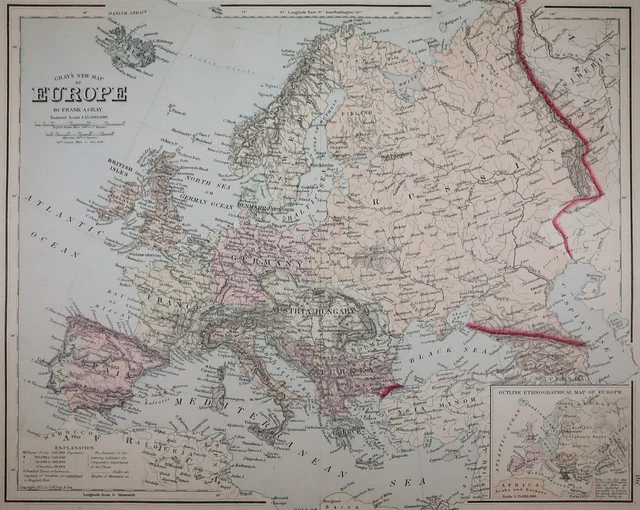 Authentic 1882 O.W. Gray Atlas Map ~ EUROPE ~ FreeS&H   Inv#165