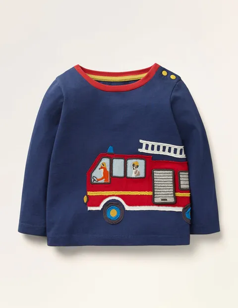 Boys Mini Boden Long Sleeved Top Baby Jersey Cotton Navy Fire Engine Applique