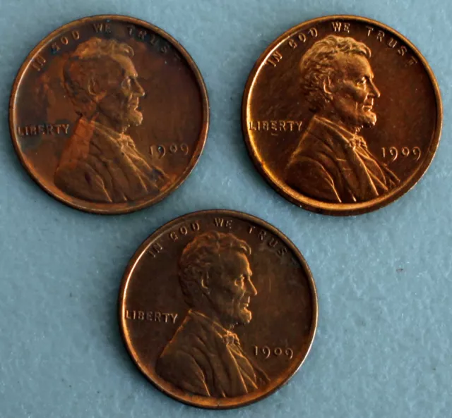 1909 VDB Lincoln Wheat Cent 1c US Type Penny 3 Coin UNC Lot Philadelphia Cleaned
