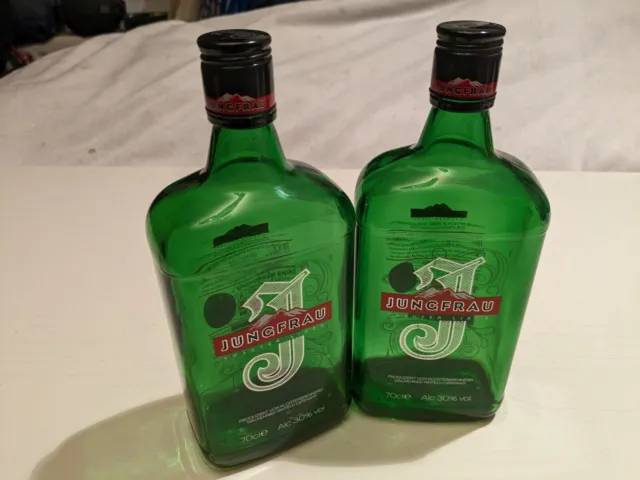 2 Jungfrau Krauter Likor Empty Green 70CL Glass Bottles Upcycle Bar Wedding Prop