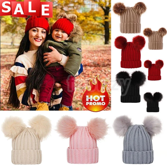 Cappello Adulto Bambini Inverno Caldo Doppia Pelliccia Pom Cappello Bambino Ragazza Lavorato a Maglia Bobble Beanie