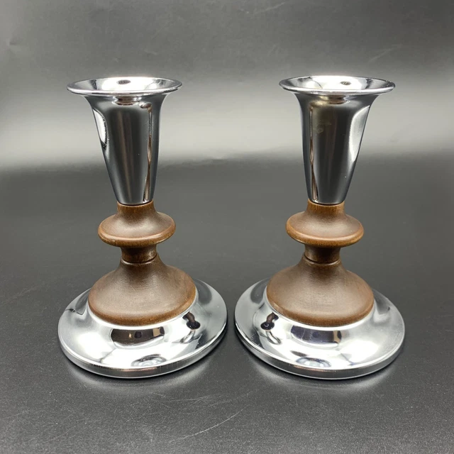 Teak Candlestick Holders MCM 1960’s Kromex Wood & Chrome Scandinavian Style VTG