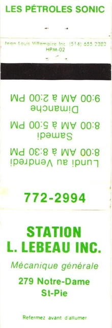 Quebec Canada Station L. Lebeau Inc., General Mechanic Vintage Matchbook Cover