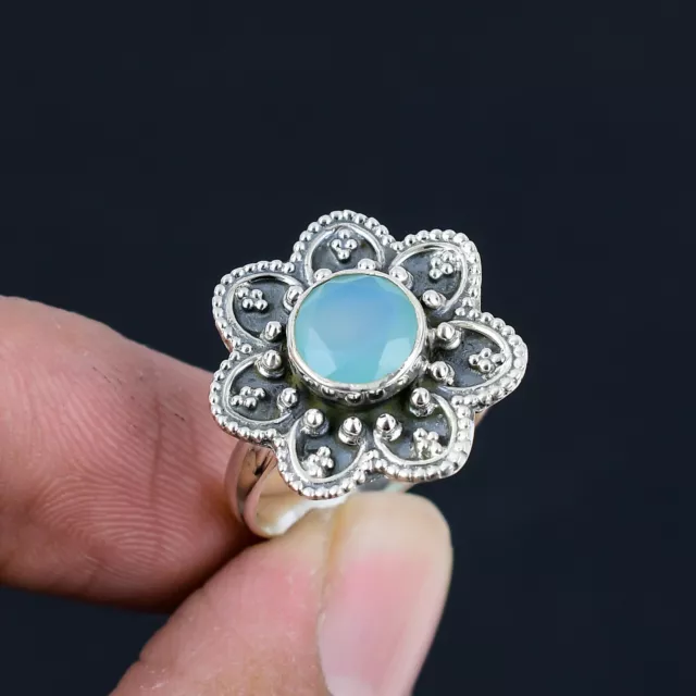 Aqua Chalcedon Edelstein massiv 925 Sterlingsilber handgefertigter Ring Schmuck LS-505