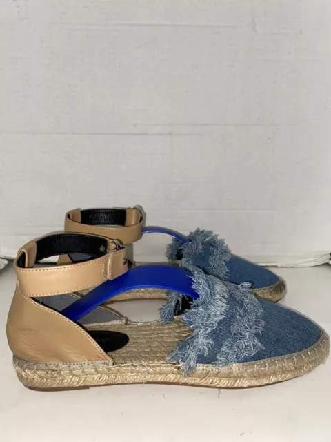 Rebecca Minkoff Women’s Denim Fringe Leather Ankle Strap Espadrilles Sz 8.5