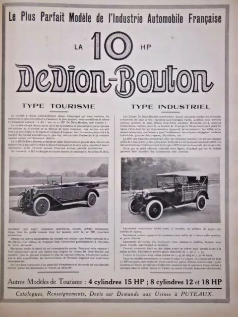 Publicité 1922 Dion-Bouton Voiture De Tourisme Et Type Cammionnette Industriel