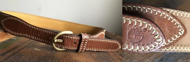 Vtg Timberland Italy 1" Leather Belt Brown Tan Contrast Solid Brass Buckle S Euc