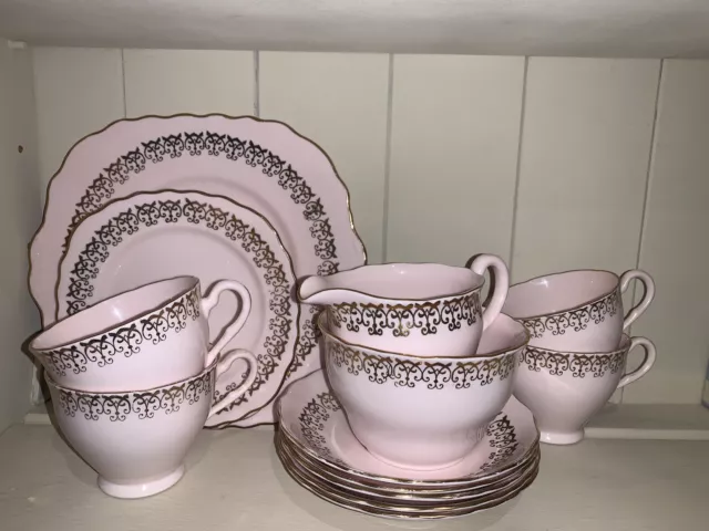 Pink colclough bone china Tea Set 4 Cups Saucers Tea Sandwich Plates Milk Sugar