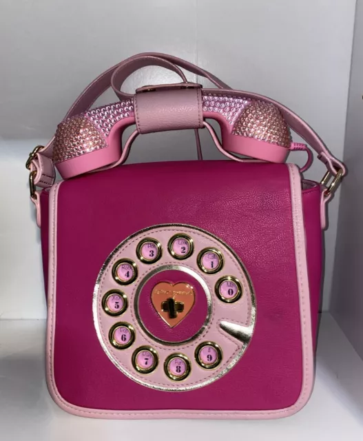 Betsey Johnson Kitsch Pink Rhinestone Phone Crossbody Purse Bag Hotline EUC