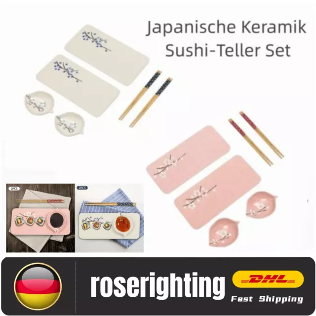 2x Japanische Keramik Sushi-Teller-Set 6-teilig Geschirr Blaue+Weiße/ Pink+Weiße