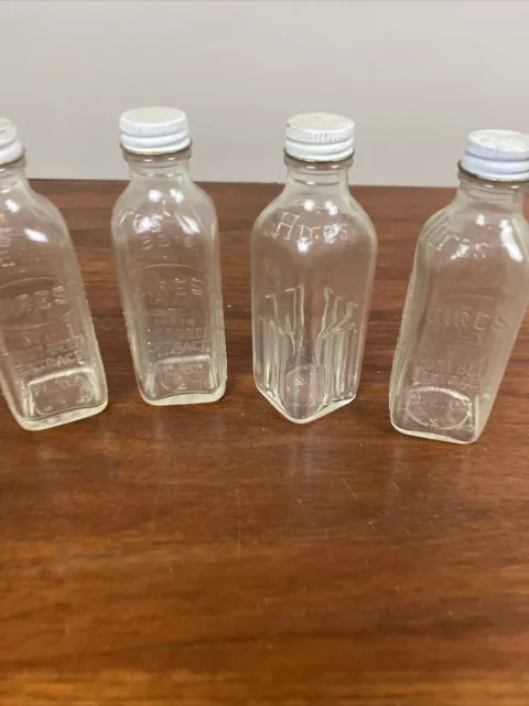 Hires Root Beer Extract 4.5" Glass Bottles Vintage Clear With Lids Set of 4
