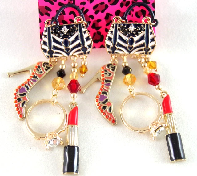 3" New Betsey Johnson High Heel Shoe Handbag Lipstick Bling Drop Dangle Earrings