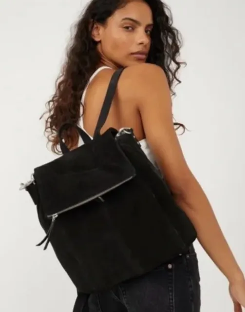 Free People Camilla Suede Leather Convertible Backpack Hobo Slouch Bag, Black.