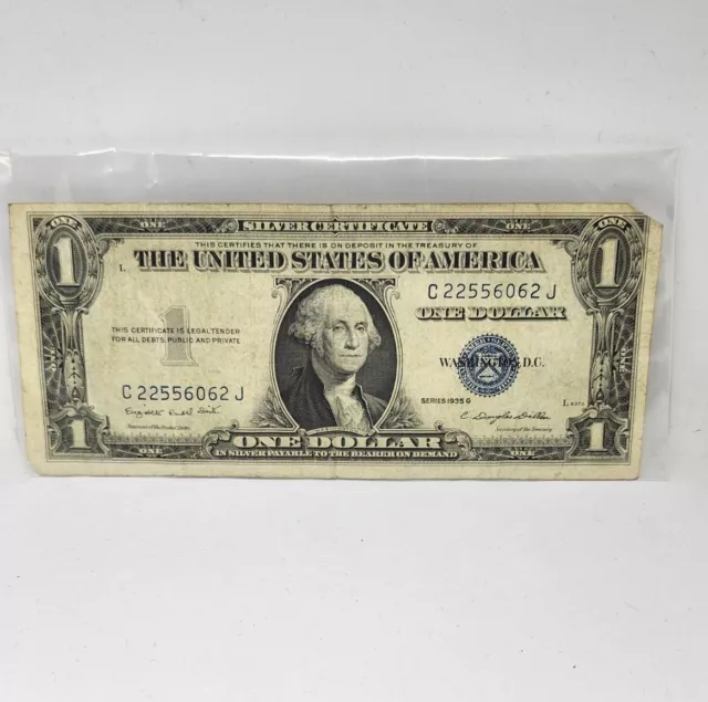 Vintage 1935 G Blue Seal Silver Certificate $1 Dollar Bill Circluated C22556062J