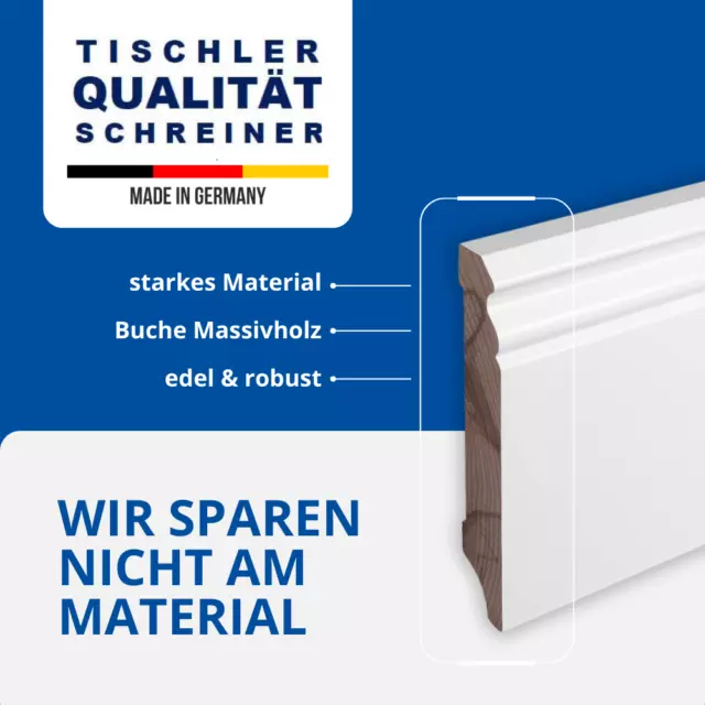 Echtholz-Sockelleisten Weiß lackiert Buche Massiv Berliner Profil [SPARPAKET] 3