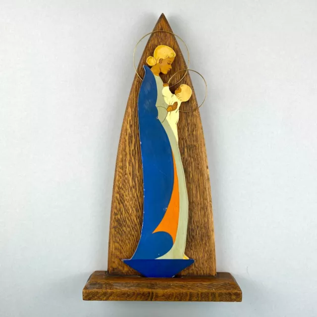 Antike Art Deco Madonna 30cm Eifel-Kunst Heiligenschein Holz Figur Mutter Kind