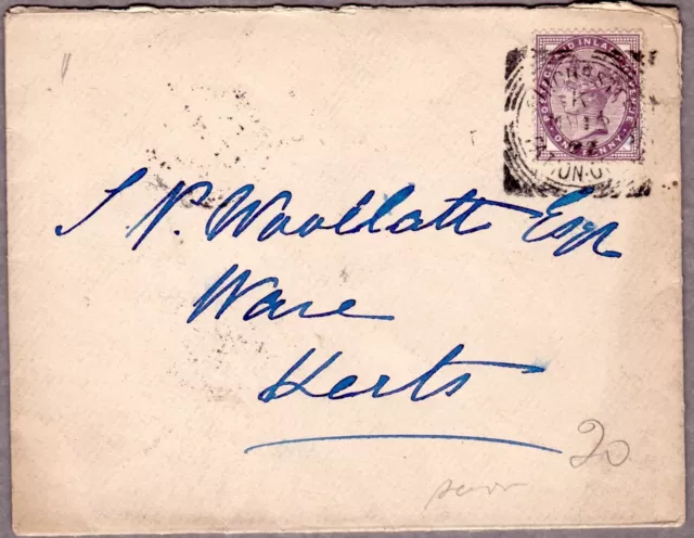 1892 QV 1d COVER CHICHESTER STATION OFFICE SQUARED CANCEL SINGLETON THIMBLE
