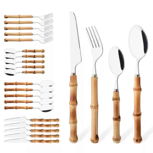 Bamboo Silverware Ser, 24-Piece Natural Bamboo Flatware Cutlery Set for 6, St...