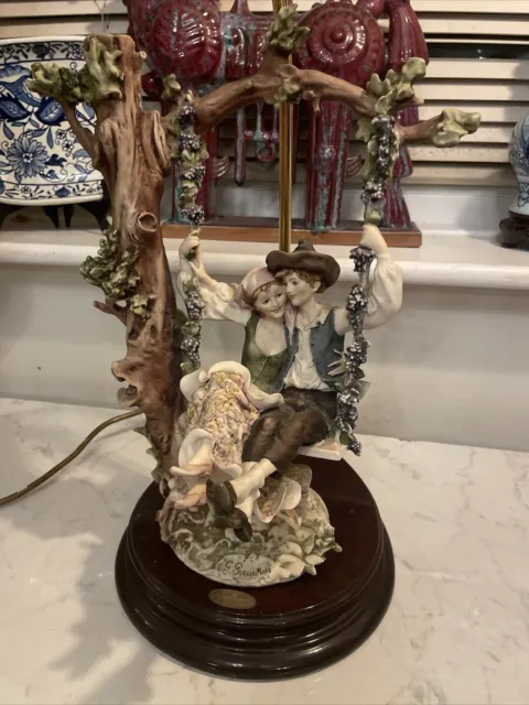 Vintage Large Capodimonte Girl & Boy on a Tree Swing Table Lamp