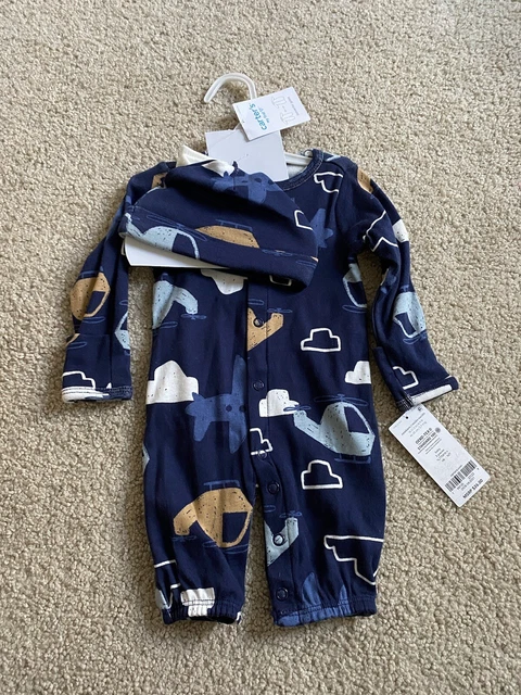 NWT carters infant boys newborn blue 3 piece clouds helicopter one piece hat $26