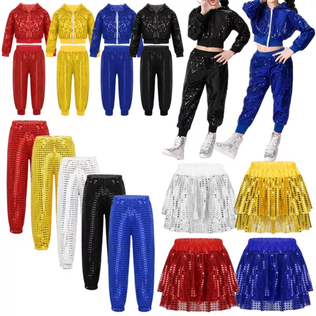 Kids Girls Hip Hop Street Dance Sequins Tops Pants Tutu Skirt Girls Jazz Costume